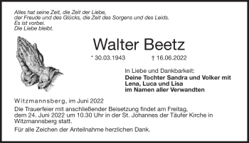 Traueranzeige von Walter Beetz von Neue Presse Coburg
