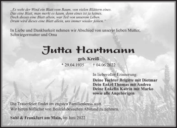 Traueranzeige von Jutta Hartmann von Südthüringer Presse