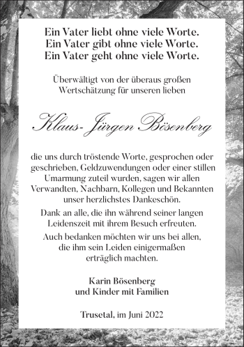 Traueranzeige von Klaus-Jürgen Bösenberg von Südthüringer Presse
