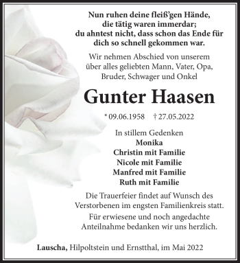 Traueranzeige von Gunter Haasen von Südthüringer Presse