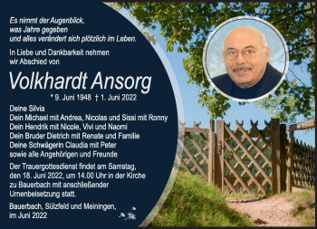 Traueranzeige von Volkhardt Ansorg von Südthüringer Presse