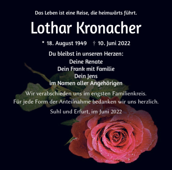 Traueranzeige von Lothar Kronacher von Südthüringer Presse