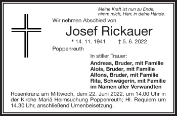Traueranzeige von Josef Rickauer von Frankenpost