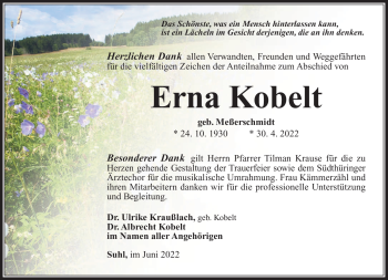 Traueranzeige von Erna Kobelt von Südthüringer Presse