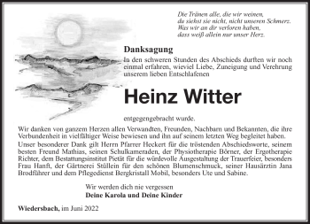 Traueranzeige von Heinz Witter von Südthüringer Presse