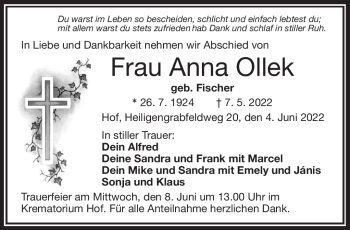 Traueranzeige von Anna Ollek von Frankenpost