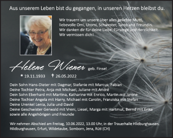 Traueranzeige von Helen Wiener von Südthüringer Presse
