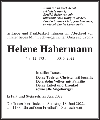Traueranzeige von Helene Habermann von Südthüringer Presse