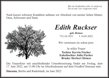 Traueranzeige von Edith Ruckser von Südthüringer Presse