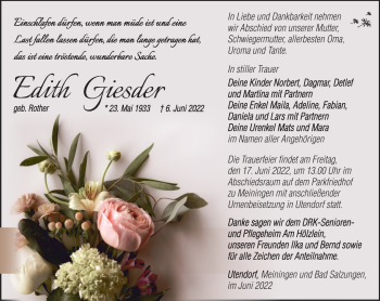 Traueranzeige von Edith Giesder von Südthüringer Presse
