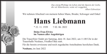 Traueranzeige von Hans Liebmann von Südthüringer Presse