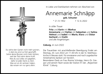 Traueranzeige von Annemarie Schnäpp von Neue Presse Coburg