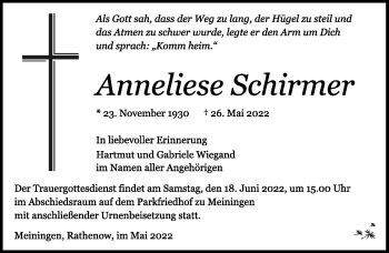 Traueranzeige von Anneliese Schirmer von Südthüringer Presse