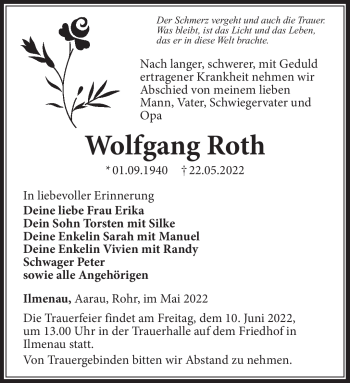 Traueranzeige von Wolfgang Roth von Südthüringer Presse