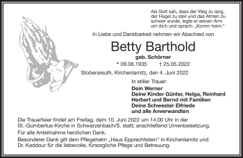 Traueranzeige von Betty Barthold von Frankenpost