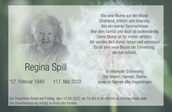 Traueranzeige von Regina Spill von Südthüringer Presse