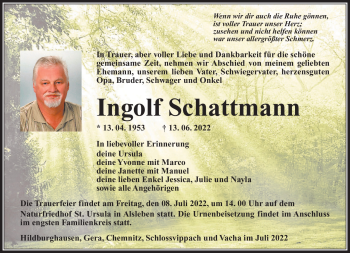 Traueranzeige von Ingolf Schattmann von Südthüringer Presse