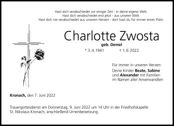 Traueranzeige von Charlotte Zwosta von Neue Presse Coburg