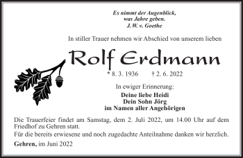 Traueranzeige von Rolf Erdmann von Südthüringer Presse
