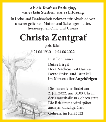 Traueranzeige von Christa Zentgraf von Südthüringer Presse