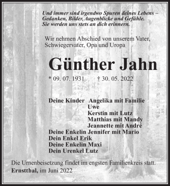 Traueranzeige von Günther Jahn von Südthüringer Presse