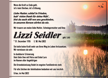 Traueranzeige von Lizzi Seidler von Südthüringer Presse