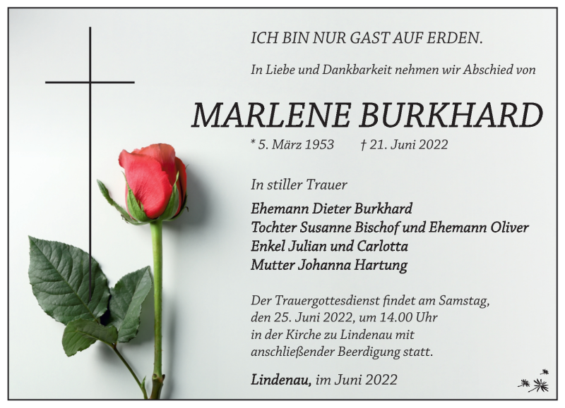  Traueranzeige für Marlene Burkhard vom 23.06.2022 aus Südthüringer Presse