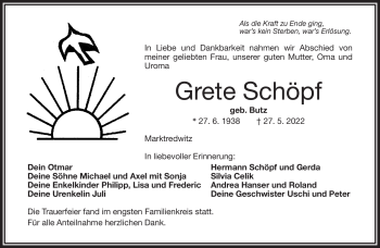 Traueranzeige von Grete Schöpf von Frankenpost