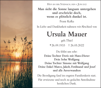 Traueranzeige von Ursula Maurer von Neue Presse Coburg