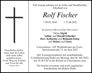 Traueranzeige von Rolf Fischer von Neue Presse Coburg