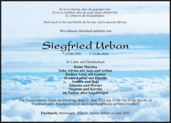 Traueranzeige von Siegfried Urban von Südthüringer Presse