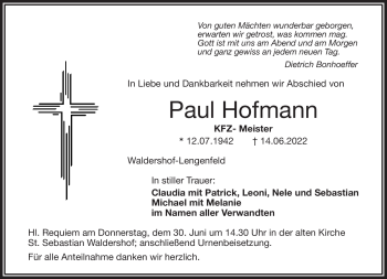 Traueranzeige von Paul Hofmann von Frankenpost