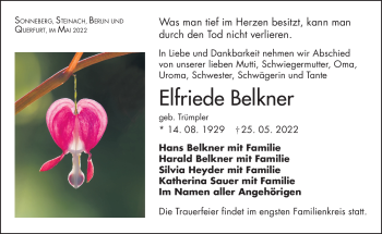 Traueranzeige von Elfriede Belkner von Südthüringer Presse