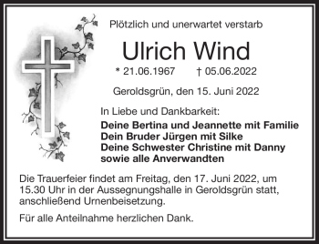 Traueranzeige von Ulrich Wind von Frankenpost