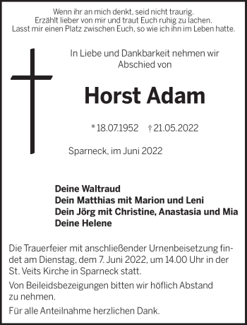 Traueranzeige von Horst Adam von Frankenpost