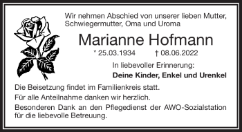Traueranzeige von Marianne Hofmann von Frankenpost