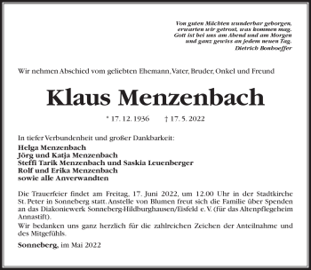 Traueranzeige von Klaus Menzenbach von Südthüringer Presse
