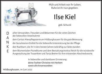 Traueranzeige von Ilse Kiel von Südthüringer Presse