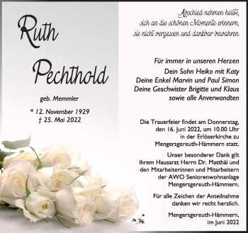 Traueranzeige von Ruth Pechthold von Südthüringer Presse