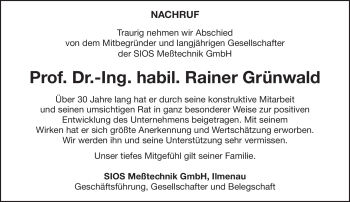 Traueranzeige von Rainer Grünwald von Südthüringer Presse