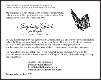 Traueranzeige von Ingeborg Göbel von Südthüringer Presse