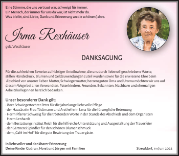Traueranzeige von Irma Rexhäuser von Südthüringer Presse