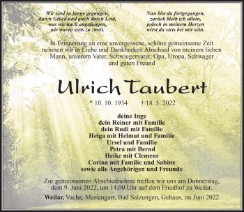 Traueranzeige von Ulrich Taubert von Südthüringer Presse