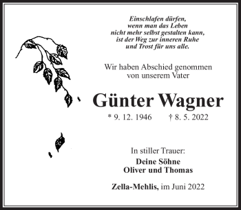 Traueranzeige von Günter Wagner von Südthüringer Presse