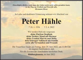 Traueranzeige von Peter Hähle von Südthüringer Presse