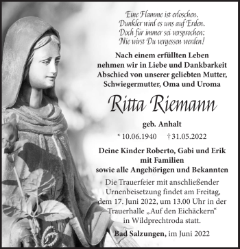 Traueranzeige von Ritta Riemann von Südthüringer Presse