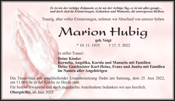 Traueranzeige von Marion Hubig von Südthüringer Presse