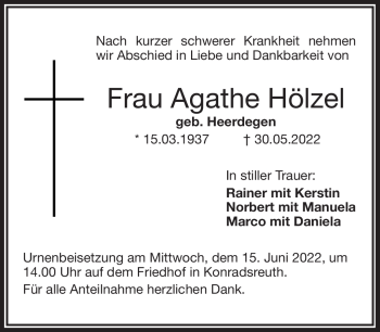 Traueranzeige von Agathe Hölzel von Frankenpost