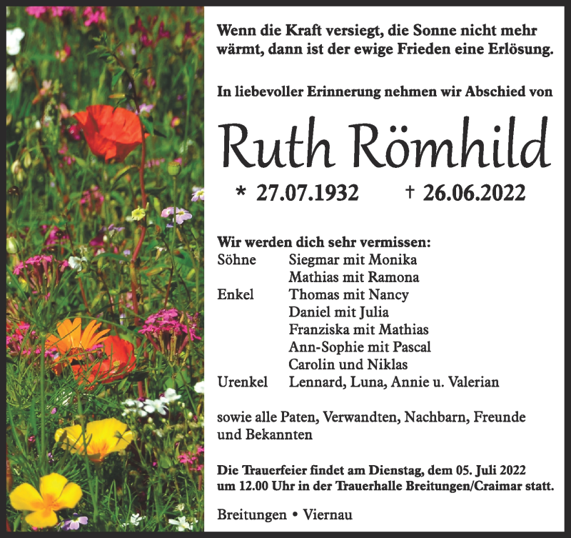  Traueranzeige für Ruth Römhild vom 02.07.2022 aus Südthüringer Presse