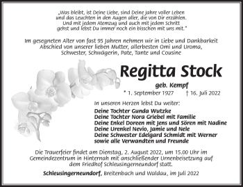 Traueranzeige von Regitta Stock von Südthüringer Presse